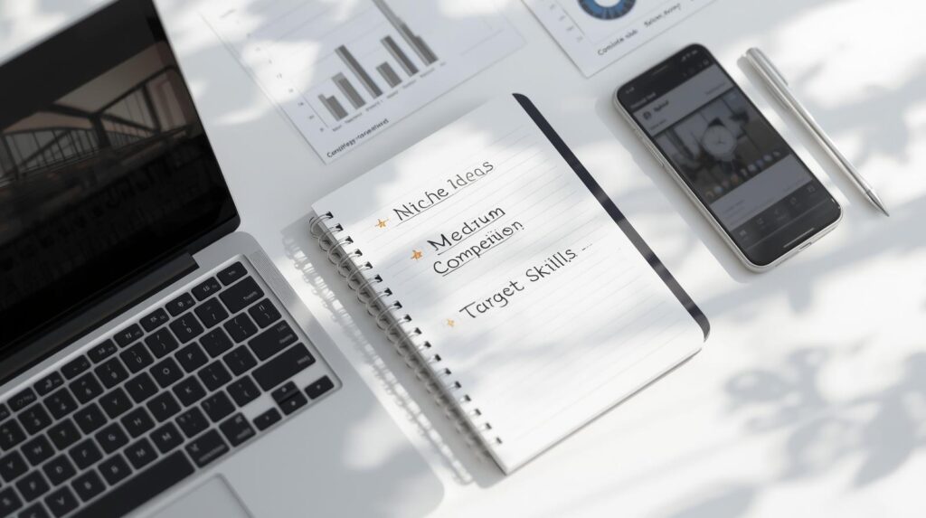 A flat-lay photo of a laptop, notebook, and smartphone showing notes like “Niche Ideas,” “Medium Competition,” and “Target Skills.” Add subtle elements of charts or graphs in the background — realistic dayl