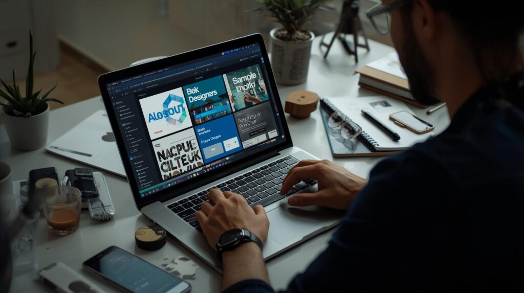 A real photo of a designer or developer organizing their digital portfolio on a laptop — mockups, sample work, or designs visible on screen — creative desk setup with subtle blur background. Ratio 3_2.