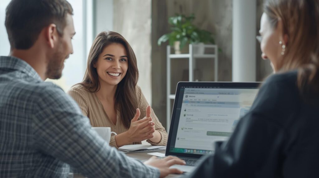 A realistic photo of a freelancer chatting with a client online — professional laptop setup with chat interface visible — natural body language and calm workspace lighting. Ratio 3_2.