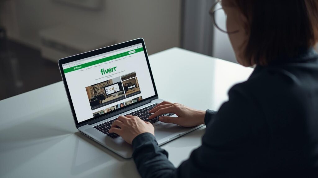 A realistic photo of a freelancer sitting at a clean, modern desk, working on a laptop with the Fiverr website open. On one side of the image