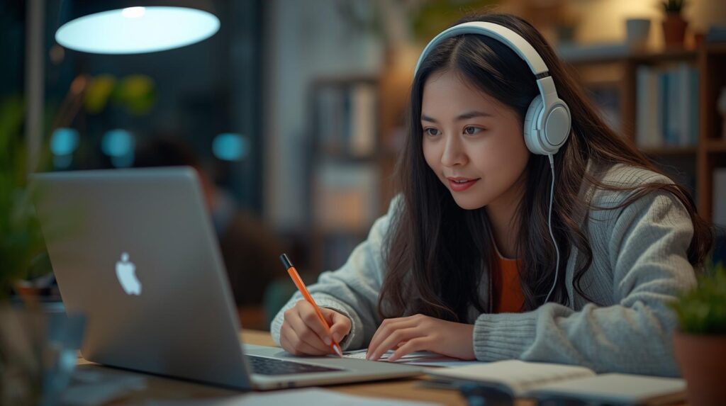 A realistic photo of a person watching an online tutorial or course on their laptop — wearing headphones, taking notes — cozy workspace with study vibes and motivational energy. Ratio 3_2.