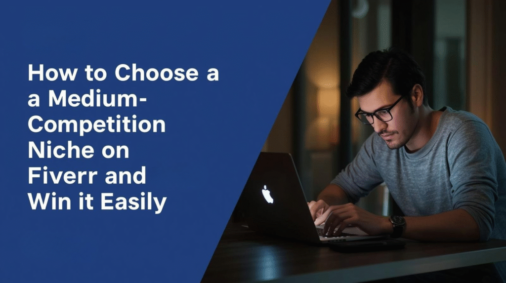 Freelancer researching medium-competition Fiverr niches on laptop with Fiverr dashboard and charts visible — guide on choosing the right Fiverr niche to succee